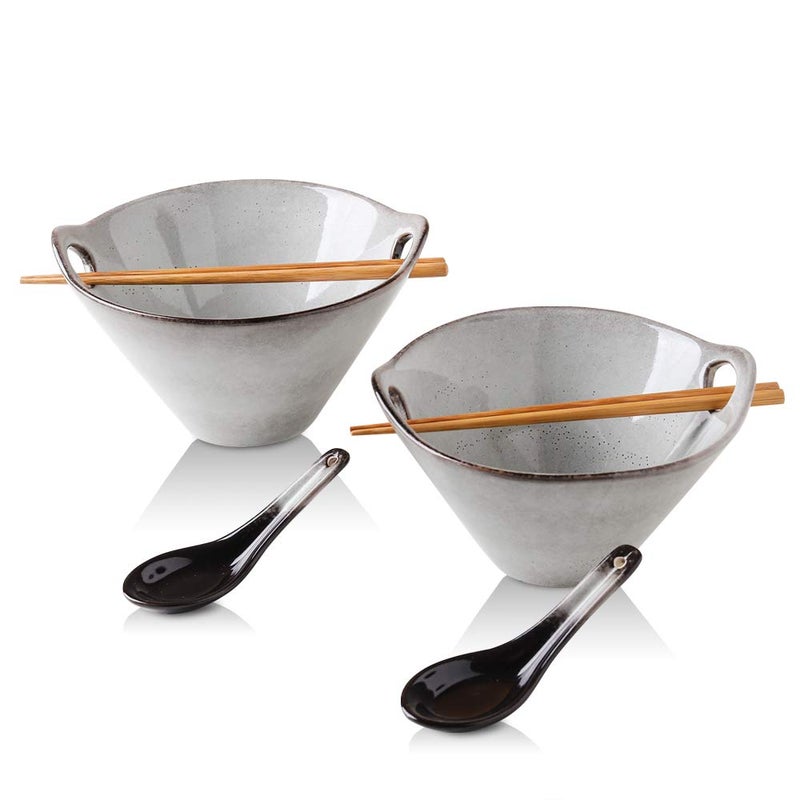 KOOV Porcelain Ramen Bowls and Spoons Set of 2 - Japanese Ramen Noodle Bowl with Chopsticks and Spoons, 26 Ounce Deep Pho Bowl, Reactive Glaze (Variable Grey) - Image 1